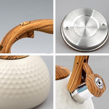 Чайник для плити, 3 л, нержавіюча сталь, з ручкою з деревом, чайник-свисток для індукційних, газових та електричних плит (білий)