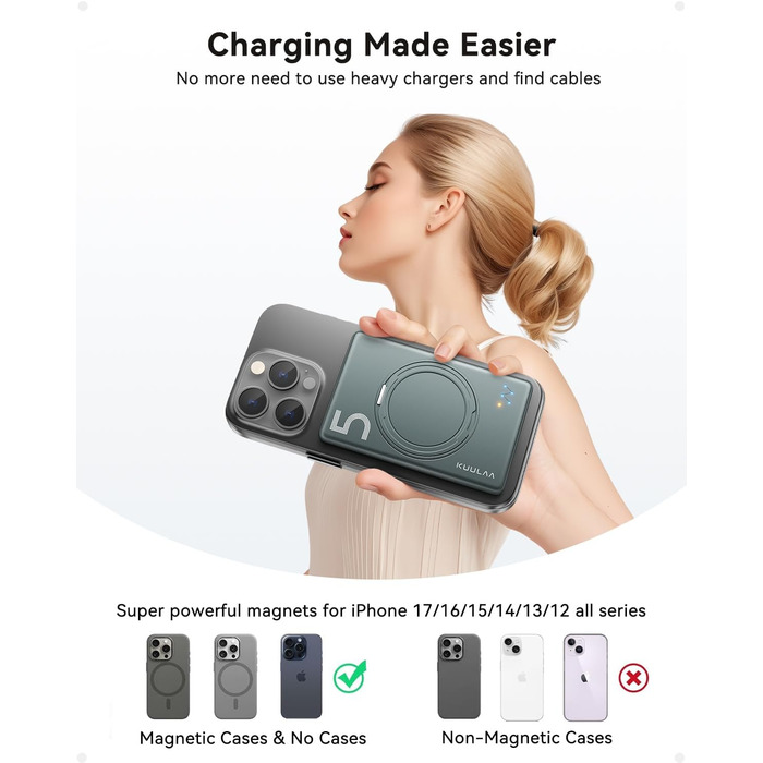 Power Bank Kuulaa MagSafe 5000mAh з бездротовою зарядкою та USB-C, для iPhone 17/16/15/14/13/12, сірий колір