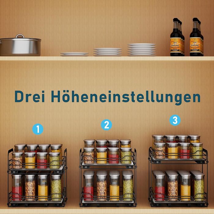 Pull-out Spice Rack, Cabinet Organizer for Kitchen, 2-Tier Spice Storage, Upper and lower baskets can be pulled out independently, Height adjustable for most kitchen cabinets