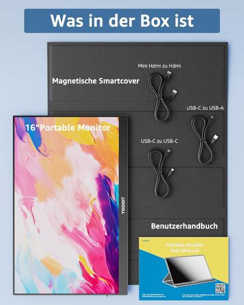 Портативний монітор Yodoit 16' FHD 1920x1200 IPS з USB-C, динаміками та Smart Cover (Чорний)