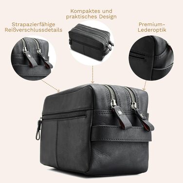 Сумка для косметики DONBOLSO Stockholm - Преміум шкіряна сумка для подорожей - Шкіряна косметичка для жінок та чоловіків з великою кількістю відділень - 25x13x15 см, Вінтажний чорний колір