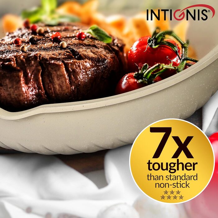 INTIGNIS® Преміум сковорода з кришкою, антипригарна, 30 см, глибока, сумісна з усіма типами плит (включно з індукцією), без хімікатів, з надзвичайною антипригарним покриттям (біла, 30 см)