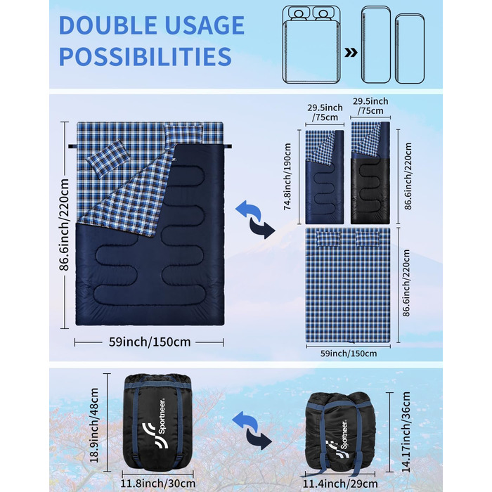 Спальний мішок Outdoor Sportneer для 2 осіб, 3 сезони, 220x150 см, 2.75 кг з 2 подушками (синій)