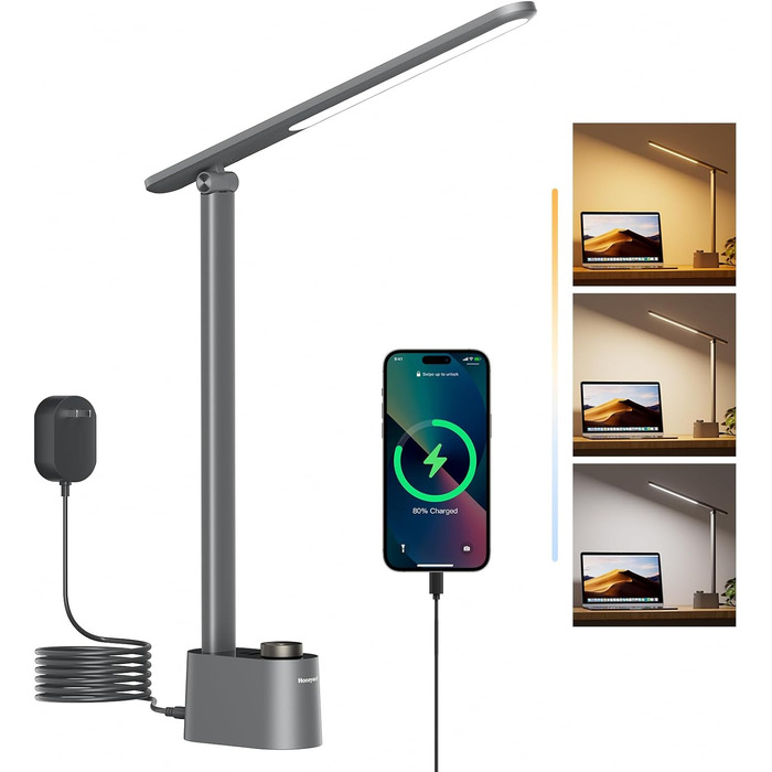 Лампа настільна Honeywell LED з USB-портами, регульоване освітлення, захист очей, Sunturalux™, сіра