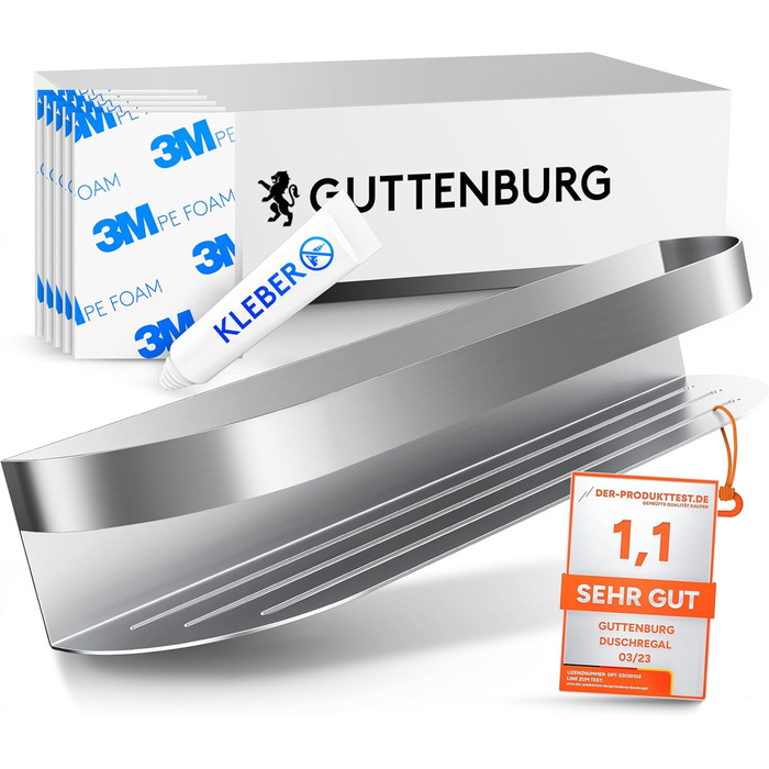Полиця для душу GUTTENBURG 38x8 см, без свердління, нержавіюча сталь, витримує 10 кг, проста установка
