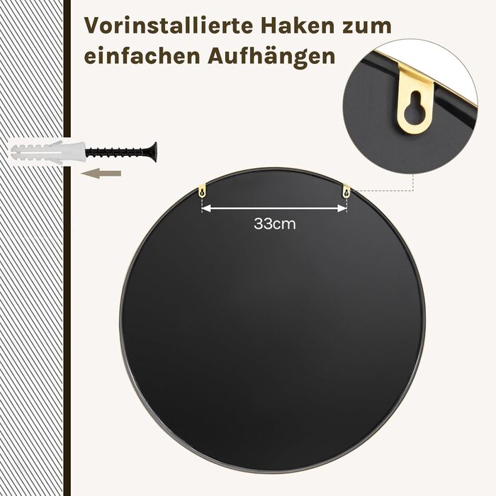 Круглий настінний дзеркало WOLTU 40 см з рамою, декоративне для ванної, спальні, вітальні, коридору, з металу, скла та MDF, золотий (71 x 71 см)