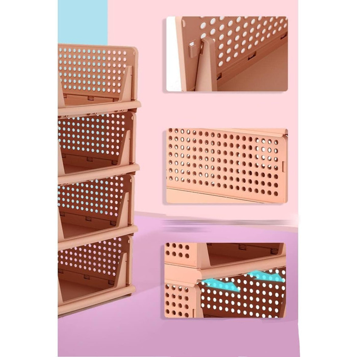 Ygapuzi 2 Pack Stackable Clothes Storage Baskets Organizer Sliding Cabinet Shelf Divider Separator Desktop Containers for Closet Wardrobe Kitchen Bathroom Office (White - 2Pack) (Pink - 4pack)