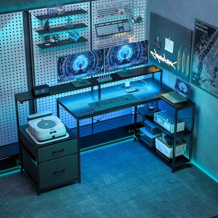 Геймерський L-подібний стіл з LED-підсвіткою та розетками