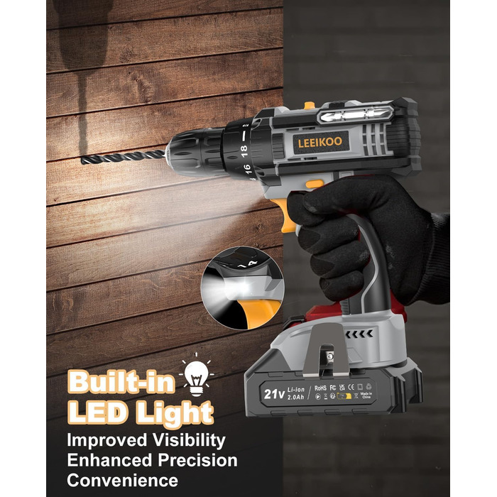 Акумуляторний шуруповерт LEEIKOO 21V з акумулятором 2.0Ah, 42N.m, 10мм патрон, 2 швидкості, 18+1 момент, LED, 20шт набору, сірий