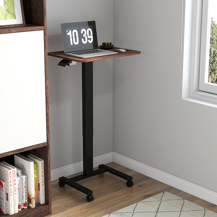 Vinsetto Adjustable Height Laptop Table with 4 Wheels, 2 Brakes, 65 cm x 48 cm x 108 cm, with Hand Crank, Brake, Particleboard, Rustic Brown | Aosom