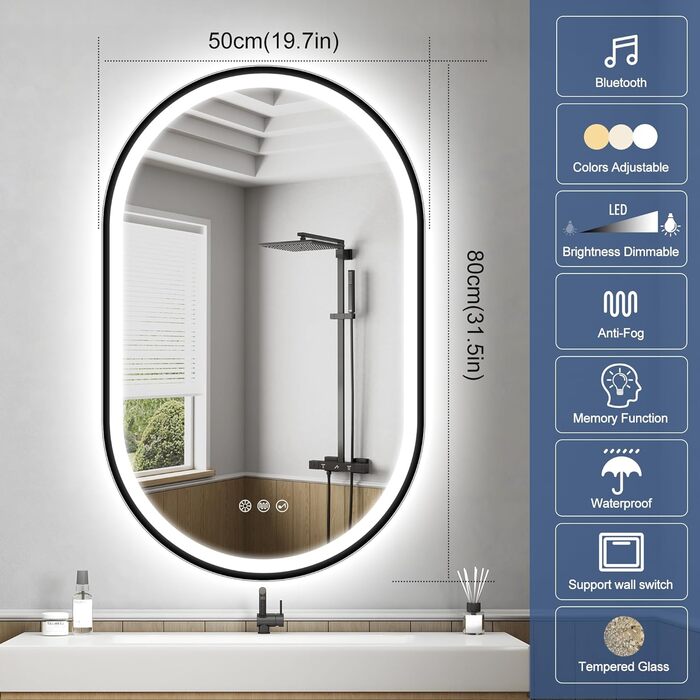 Дзеркало для ванної кімнати зі світлодіодною підсвіткою STARLEAD 90x60 см, Bluetooth, регулювання яскравості, 3 кольори світла, антизапарник, пам'ять, скло HardGlass, IP44, горизонтальне/вертикальне встановлення, без рамки