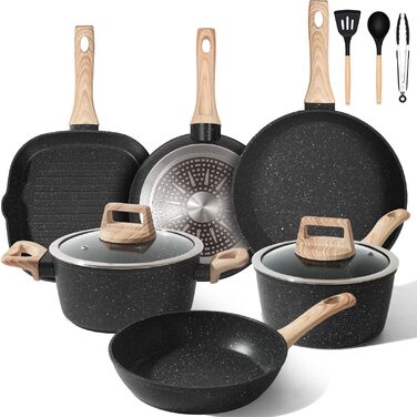 Набір каструль та сковорідок GMISUN 11 предметів з нержавіючої сталі, індукційне дно, для всіх типів плит, без PFOA/PFOS, чорний