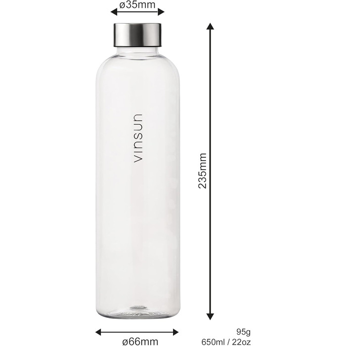 VINSUN Water Bottle 650ml, 1000ml, 1500ml - Leak-proof, Carbonated Drink Compatible, BPA-free, Tritan - Lightweight Water Bottle for Sports, Outdoor Activities, School, Cycling, Office (650 ml, Transparent)