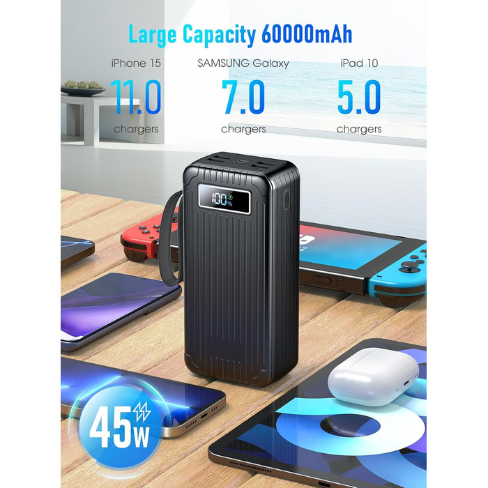 Power Bank 60000 mAh з PD 45W, 6 портів (4 USB-A, 2 Type-C), LED дисплей, вбудовані кабелі, чорний