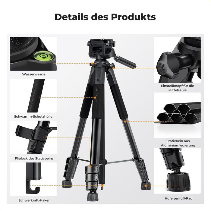 Штатив K&F Concept S255A3+BV01: Легкий штатив з сумкою, для камери/DSLR/відеокамери, з підтримкою смартфонів та планшетів (172 см)