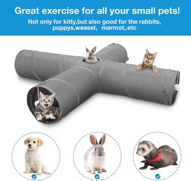 Cat Tunnel Toy, 4-Way Collapsible Cat Tunnel for Indoor Cats, Interactive Peek Hole, Pet Tunnel with Cat Wand Toy