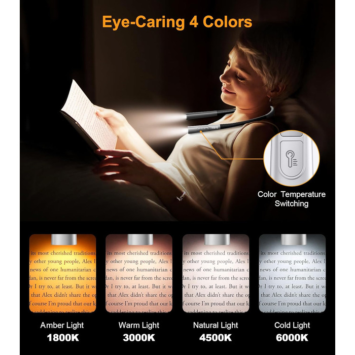 Світлодіодна лампа Gritin для читання на шиї, настільна/нічна, 4 кольори, 5 режимів яскравості, регулювання, захист очей, акумулятор 80 годин, гнучкий кріплення, ергономічне читання для ліжка/в'язання/рукоділля сірого кольору