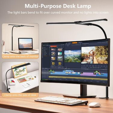 LED Desk Lamp with Adjustable Gooseneck - Dual Head, 1200 Lumens, Eye Protection for Home Office & Study - Black with 5 Color Temperature/Brightness Levels