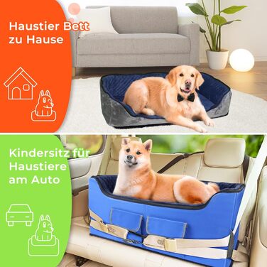 Stable Multi-Pet Car Seat Booster with Safety Belt for Medium Dogs, Washable & Large Capacity Reinforced Dog Basket for Rear Seat (Blue, L)