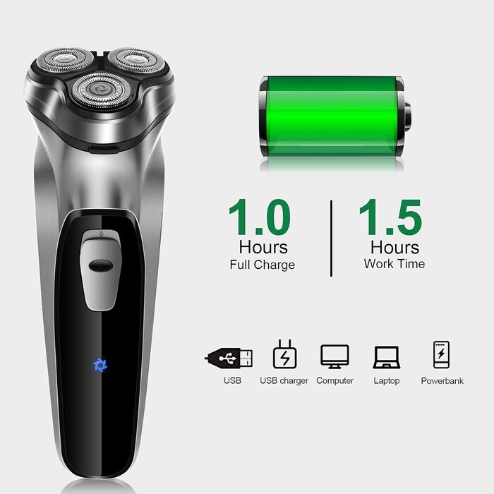 Електричний гоління для чоловіків NWOUIIAY з прецизійним тримером та 3D-ротаційним голівкою. Сухий електричний гоління з LED-індикатором та 90 хвилин автономної роботи