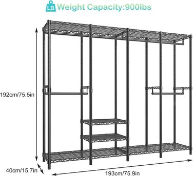 KZOBYD Clothes Rack, Coat Rack with 6 Height-Adjustable Shelves, Clothes Rail with 4 Hanging Compartments, Plenty of Space, for Bedroom, Living Room (Black)