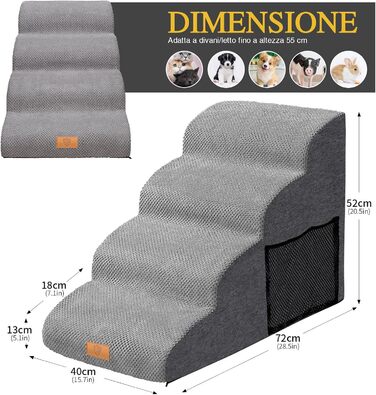 Сходинка для собак Masthome: 4 сходинки, губка, знімна та миюча оббивка, для ліжка/софи, антиковзка (сіра)