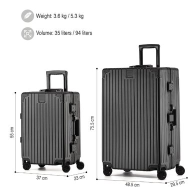KOFA Zurich: Набір валіз 2 шт. (M-55см, XL-75см) з алюмінієвим каркасом та міцною полікарбонатною оболонкою. Carry-on + Check-in, спіннер з 4 колесами, TSA-замок, 35L + 94L (Чорний)