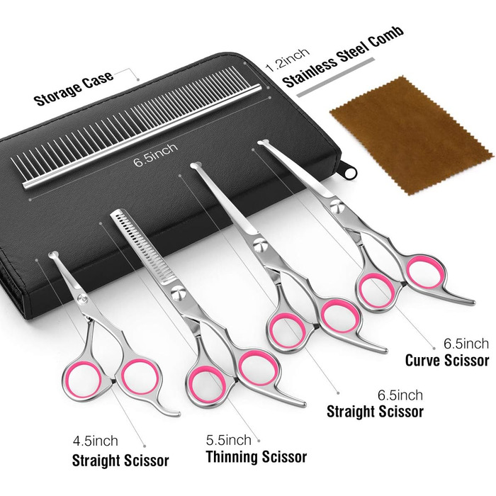 Набір професійних ножиць для грумінгу собак Pawaboo (5 шт.) з безпечними закругленими кінчиками. Ідеально для догляду за шерстю собак та котів. Рожевий колір.