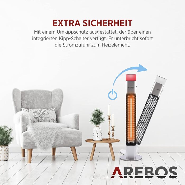 Електричний інфрачервоний обігрівач Arebos 1500W для тераси | з LED-підсвічуванням та пультом керування | Сріблястий колір | Обігрівач на вугільному інфрачервоному випромінюванні