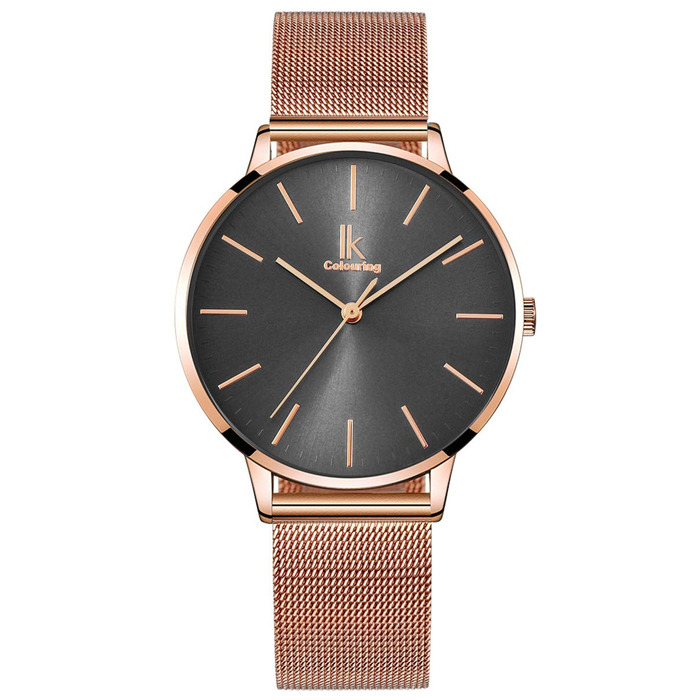 Жіночий годинник Alienwork IK Minimalist, ультратонкий, сітчасте браслет (рожеве золото/сірий/рожеве золоте сітчасте браслет)