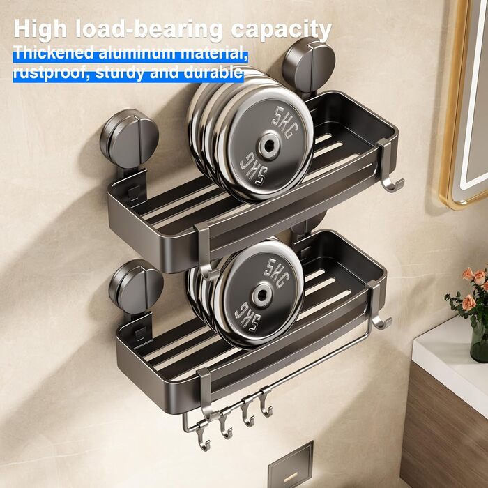 Поличка для душу без свердління, кутова поличка для ванної кімнати з присосками, корзина для душу з тримачем для рушників та знімними гачками (2 шт., сіра) (Прямокутна – 2 шт.)