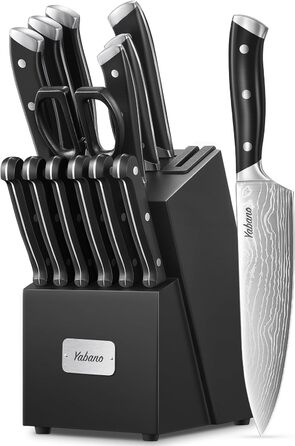 Yabano 14-Piece Professional Knife Set with Sharpening Block - Stainless Steel Chef Knives with Plastic Handles & Wood Block