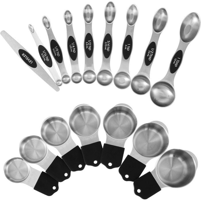 Magnetic Measuring Cup and Spoon Set with Strong Magnets, Durable Stainless Steel Measuring Cup and Spoon Set, Fits Most Kitchen Spice Jars for Baking and Cooking, 15-Piece Set with