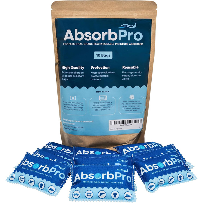 Absorb Pro Rechargeable Moisture Absorber Bags, 10 Pack, 100g, Reusable Moisture Absorbers, Silica Gel Packets for Trash Cans, Gym Bags, Gun Safes, Food Storage