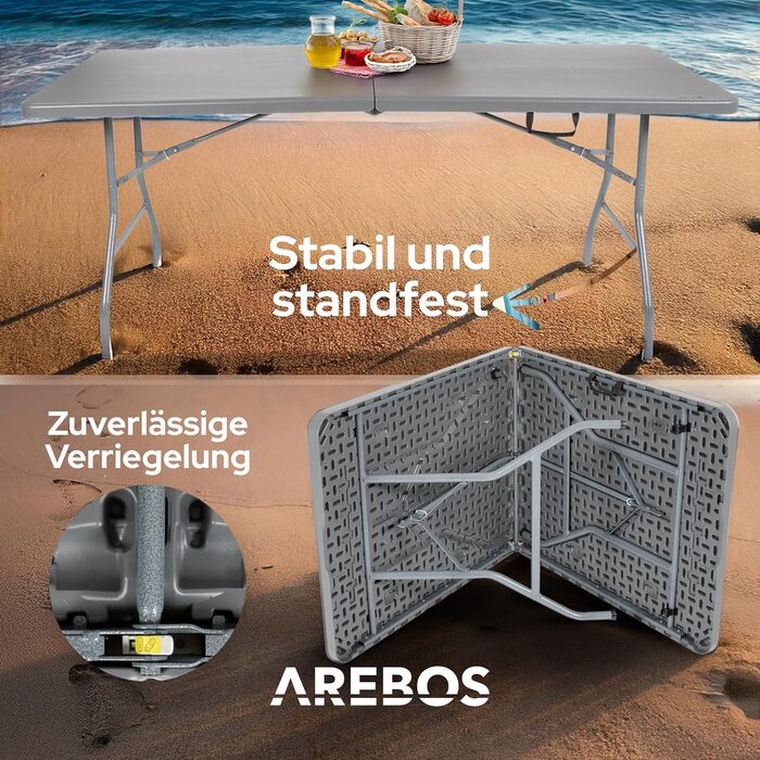 Складаний садовий стіл Arebos Buffettisch 182x74x74 см, антрацит | для 8 осіб | з ручкою для перенесення | для саду, тераси, балкону