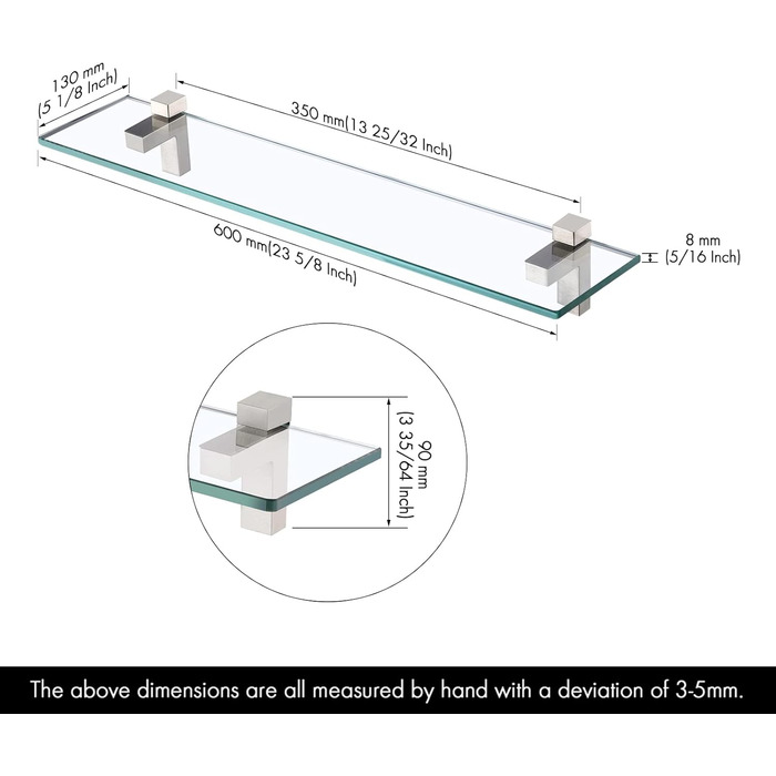 KES Shower Shelf for Hanging, Bathroom Shelf, Wall Shelf, Shower Glass Shelf, 8mm Shower Shelf, Bathroom Shelf, Tempered Glass with Shelf Support 60cm Brushed Nickel, BGS3201S60-2