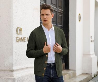 Чоловічий в'язаний кардиган Sailwind з V-подібним вирізом, зимова куртка, класичний дизайн, довгий рукав, з ґудзиками та кишенями (оливковий, M)