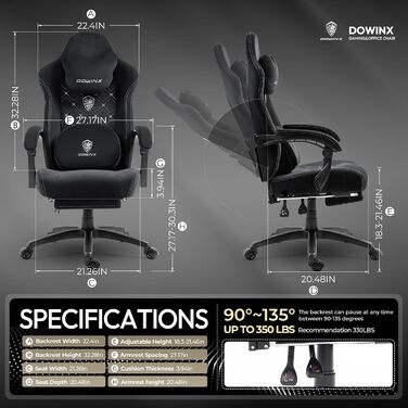 Ігрове крісло Dowinx з тканини, з підігрівом та масажною підтримкою попереку, кишенею, пружинною подушкою і підставкою для ніг, для геймерів, навантаження до 150 кг, чорне