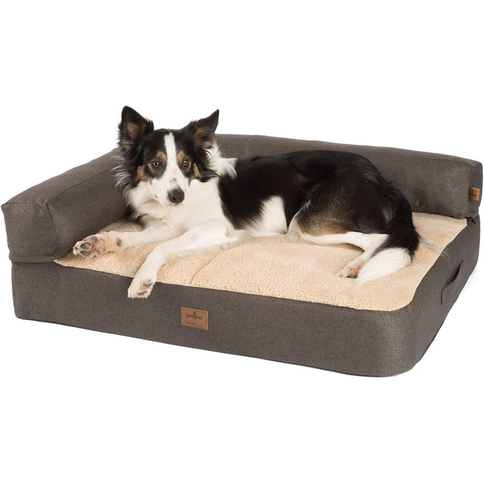 JAMAXX Преміум Софа для собак 2-в-1 - Ортопедична Memory Visco, знімні подушки, знімний чохол, м'який фліс або овчина/шерпа, PDB3014 ((M) 90x70, коричневий+пісочний фліс)