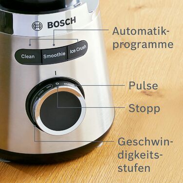 Блендер стаціонарний Bosch VitaPower Serie 4 MMB6382M, 1200 Вт, 1,5 л, скляна чаша, леза з нержавіючої сталі, Німеччина, 30 000 об/хв, аксесуари для посудомийної машини