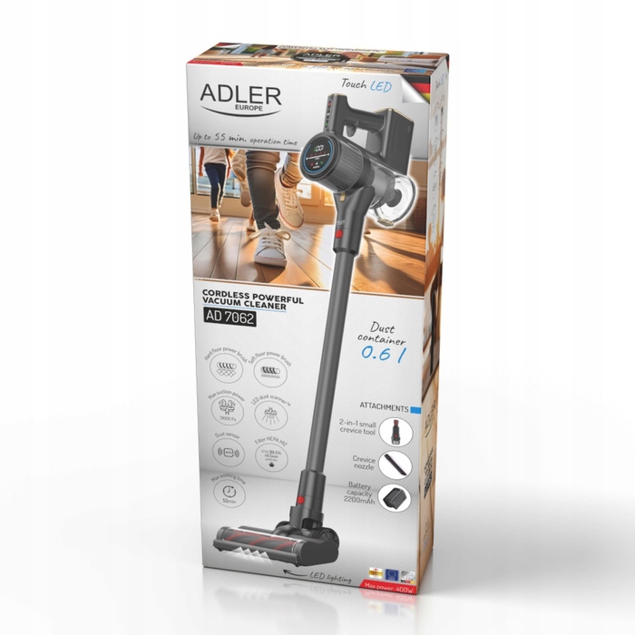Вертикальний бездротовий пилосос Adler Europe 400W, чорний, з HEPA-фільтром H12