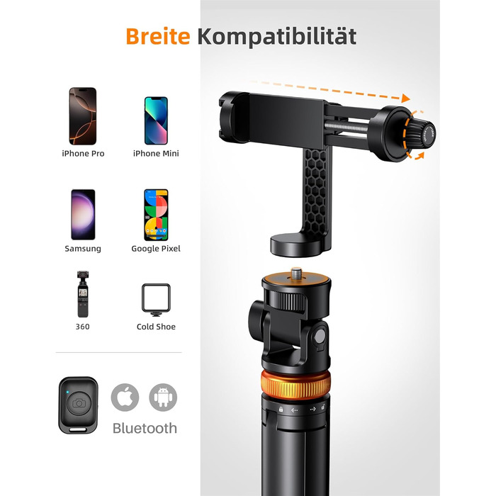 Штатив для смартфона та селфі-палки з пультом дистанційного керування, 158 см, карбоновий, чорний
