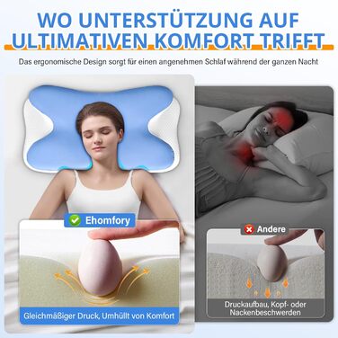 Подушка для шиї Ehomfory з Memory Foam, ергономічна для сну на боці, спині та животі, 67x37x9/12 см (Синя)