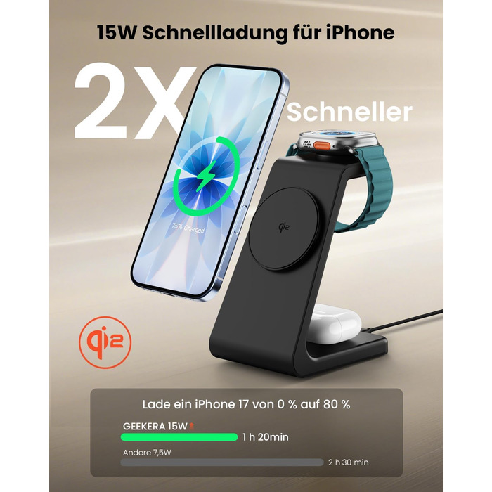 Зарядний пристрій GEEKERA 3 в 1 з підтримкою Qi2, 15W, для iPhone, Apple Watch, AirPods, чорний