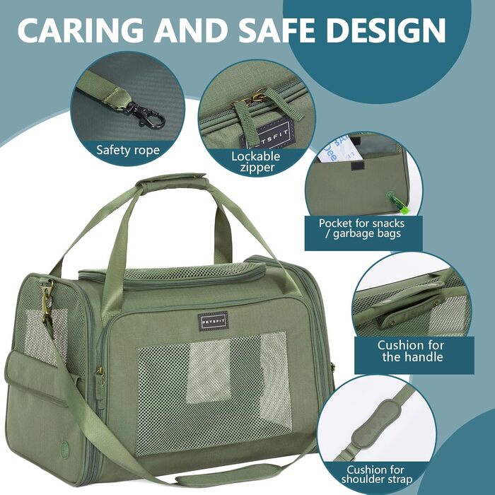 Транспортна переноска для котів та собак Petsfit, складана, 50L, оливковий, з м'яким килимком