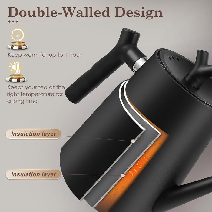 Чайник нержавіюча сталь 1.5л з ситечком, чорний, з термостійкою ручкою для трав'яного чаю та настоянок, двостінний, ізольований, для чаю та кави