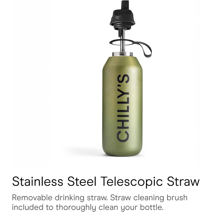 Chilly's Series 2 Flip Bottle - Thermos Flask with Sport Cap, Telescopic Straw, and Nylon Carry Loop - Stainless Steel Bottle with Easy Flip Opening, Includes Straw Cleaning Brush (Ombre - Moss, 500 ml)