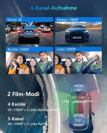 Автомобільний відеореєстратор HUPEJOS V8Pro 4K 4-канальний, 360 градусів, передня та задня камери, глянцевий чорний