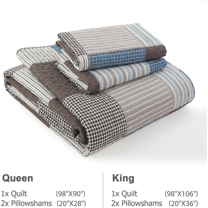 Набір постільної білизни Finlonte Queen-Size: ковдра та підковдра, 100% бавовна, в клітинку, стиль фермерський дім, сучасний, двосторонній, легкий, м'який, блакитно-коричневий, степна ковдра, для ліжка Queen (90'x98')