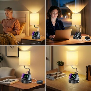 LED настільна лампа OUTON 2 шт. з USB-A та USB-C, сенсорне регулювання, тепле світло 2700K, підставка для телефону та ручок, сучасна керамічна лампа для спальні, вітальні, офісу (чорний)